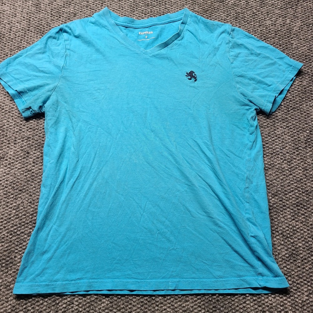 Express Mens V-Neck T-Shirt Turquoise Blue Lion Logo Cotton Tee Size M Y2K